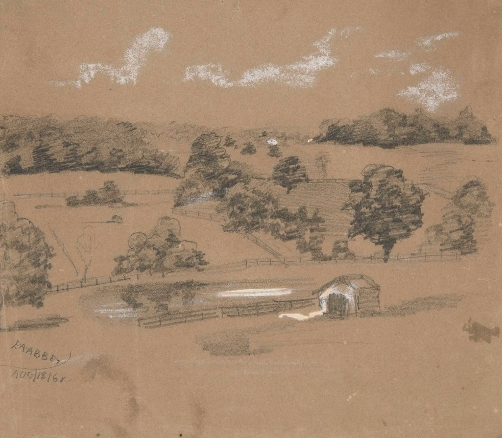 Farm landscape overlooking pastures by Edwin Austin Abbey