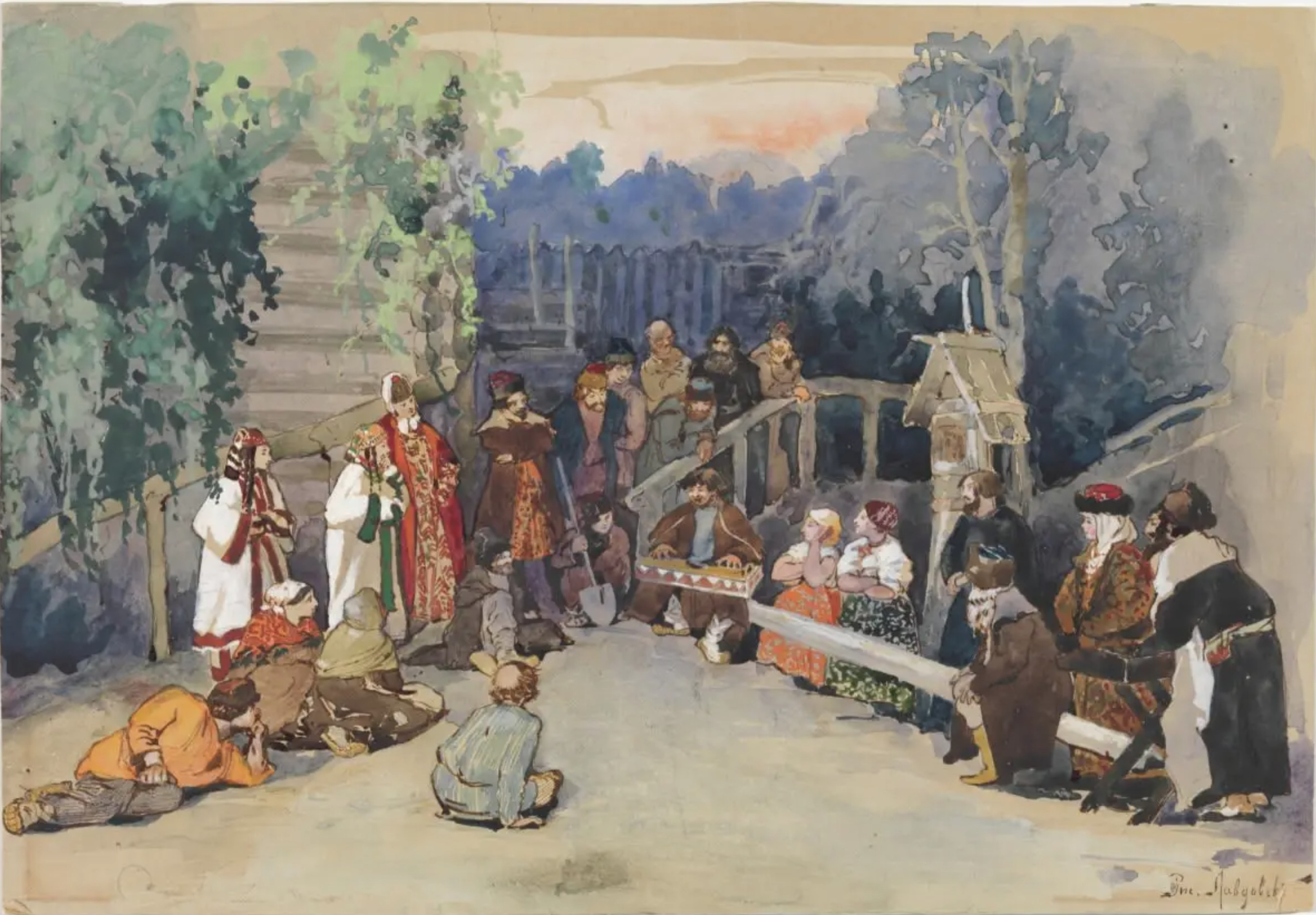 village scene with performers by f. lavdovskii